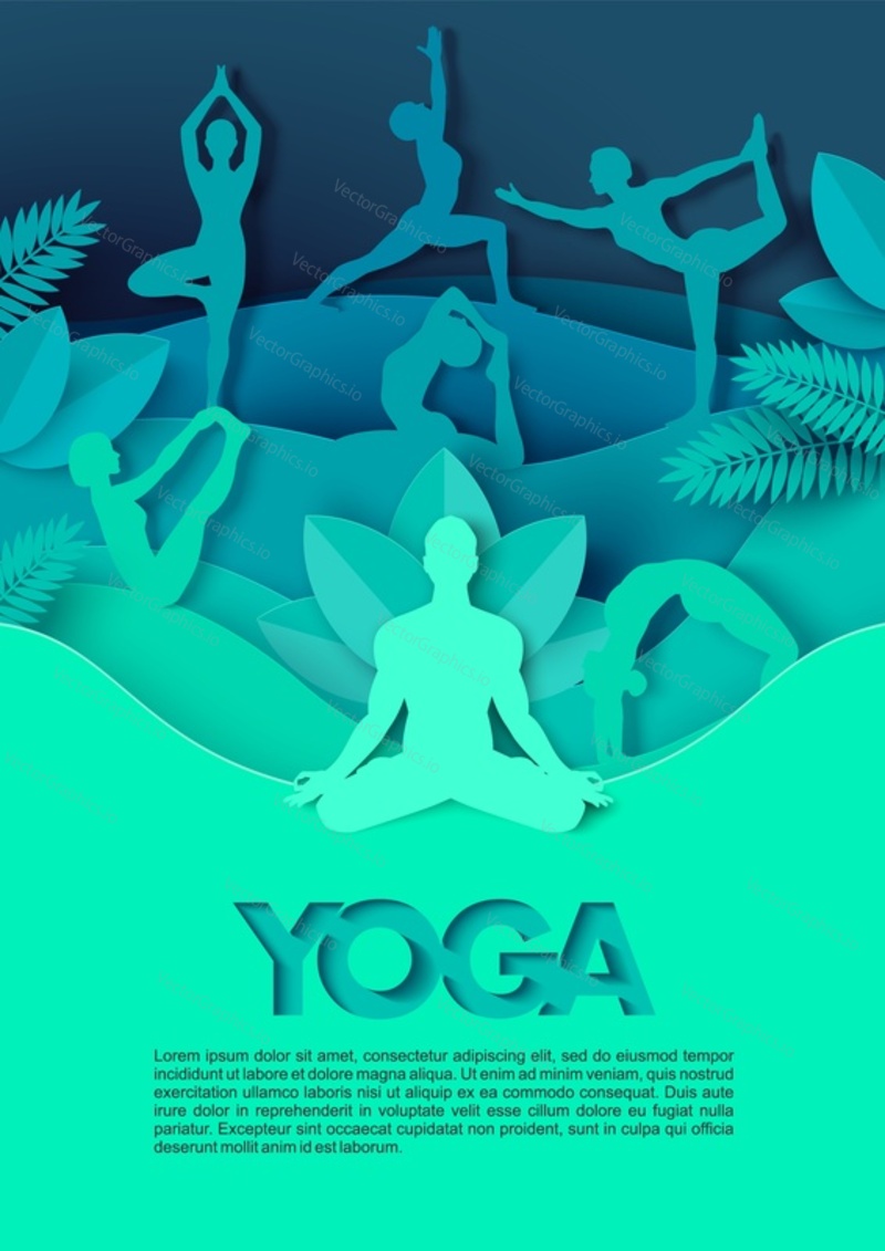 People silhouettes doing yoga poses, sitting in lotus position, vector illustration in paper art style. Yoga class, studio poster template.