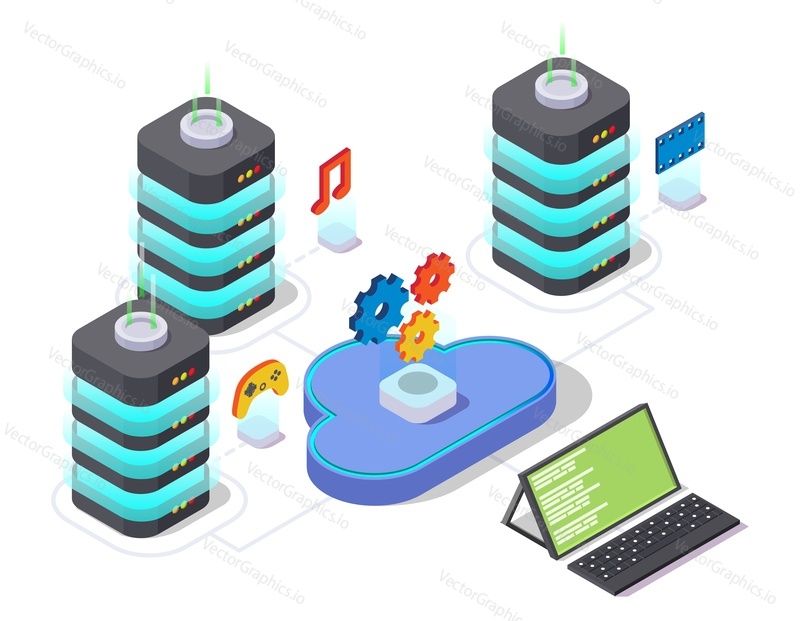 Server racks with cloud, flat vector isometric illustration. Cloud storage management service.