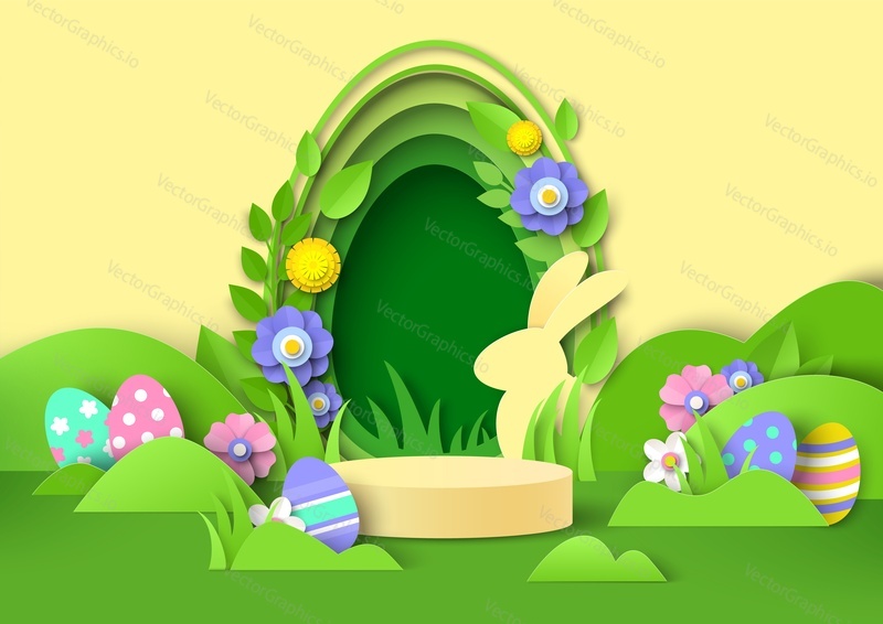Easter product display podium mockup, paper cut bunny, Easter eggs, spring flowers, vector illustration. Spring holiday background, pedestal, stage, studio.