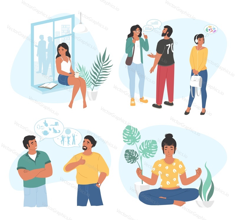 Extrovert and introvert character set, flat vector illustration. Communicative and calm, spending time alone, extraverted and introverted mindset people. Extraversion, introversion personality types.