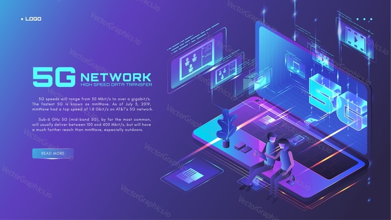 5G network website banner, web page design template, isometric glowing neon vector illustration. High speed data transfer. The fifth generation of wireless technology.