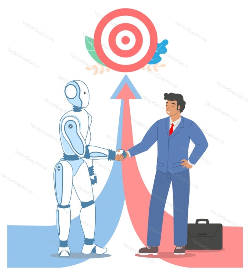 Робот-машина и рукопожатие бизнесмена, плоская векторная иллюстрация. Будущее сотрудничество искусственного интеллекта и человека для достижения общей бизнес-цели.