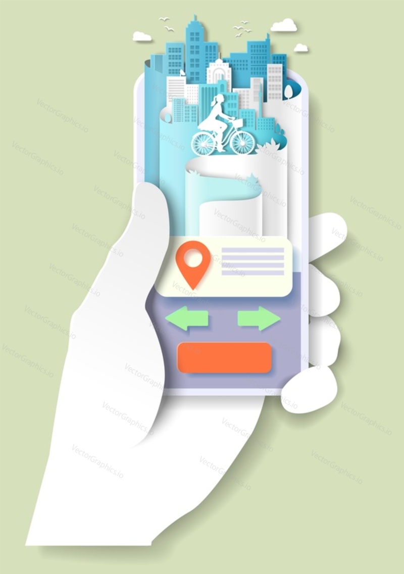 Hand holding mobile phone with location pin, woman riding city bike on screen, vector illustration in paper art style. Gps navigation app. City transport.