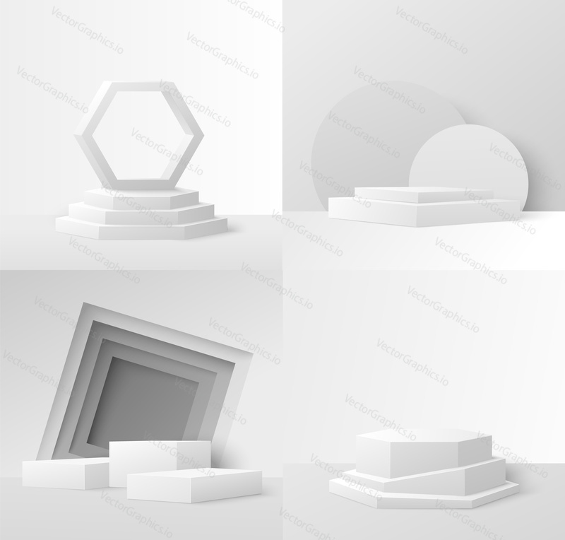 Product display podium mockup set, vector isolated illustration. Realistic white empty stage, platform in various geometric shapes. Studio background.