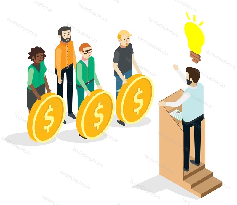Businessman speaking behind rostrum in front of people with dollar coins, flat vector isometric illustration. Crowdfunding presentation, financial investing in ideas or business startup.
