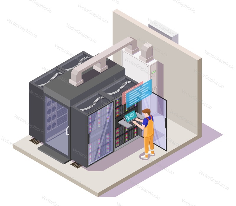 Центр обработки данных или серверная комната с серверными стойками, техник, выполняющий диагностический тест, плоская векторная изометрическая иллюстрация. Проверка диагностики сервера.