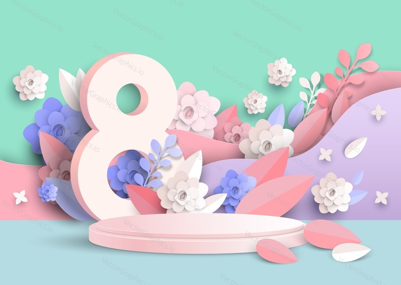Pink round display podium mockup, paper cut number eight, spring flowers, leaves, vector illustration. March 8, International Women Day background, pedestal stage for beauty and cosmetic product ads.