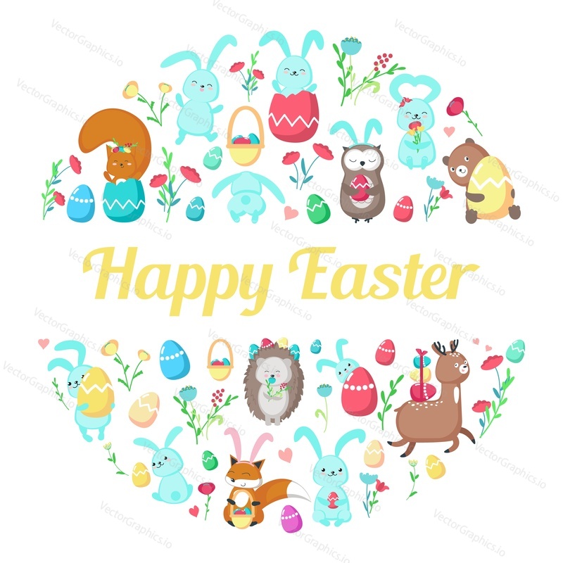 Happy Easter greeting card template, flat vector illustration. Cute fox, squirrel, rabbit, hedgehog, bear, deer and owl with Easter eggs, spring flowers, hearts.
