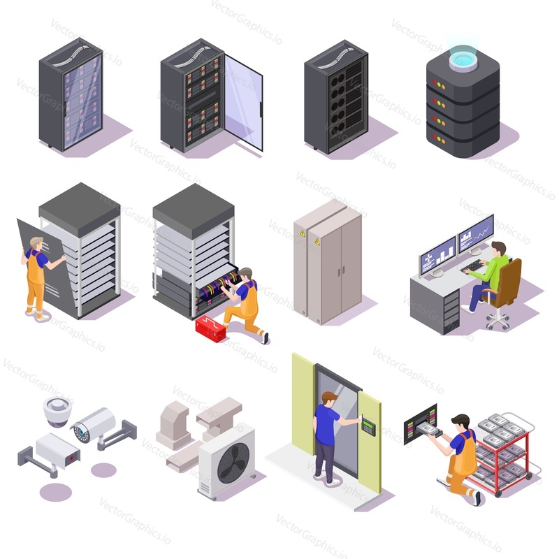 Data center isometric icon set, flat vector isolated illustration. Computer network equipment and staff. Server racks, operator, technician, engineer characters.