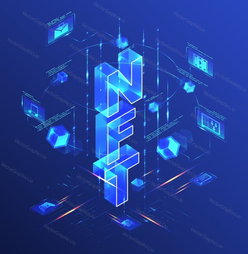 NFT, non fungible token, digital crypto art blockchain technology, vector isometric illustration.