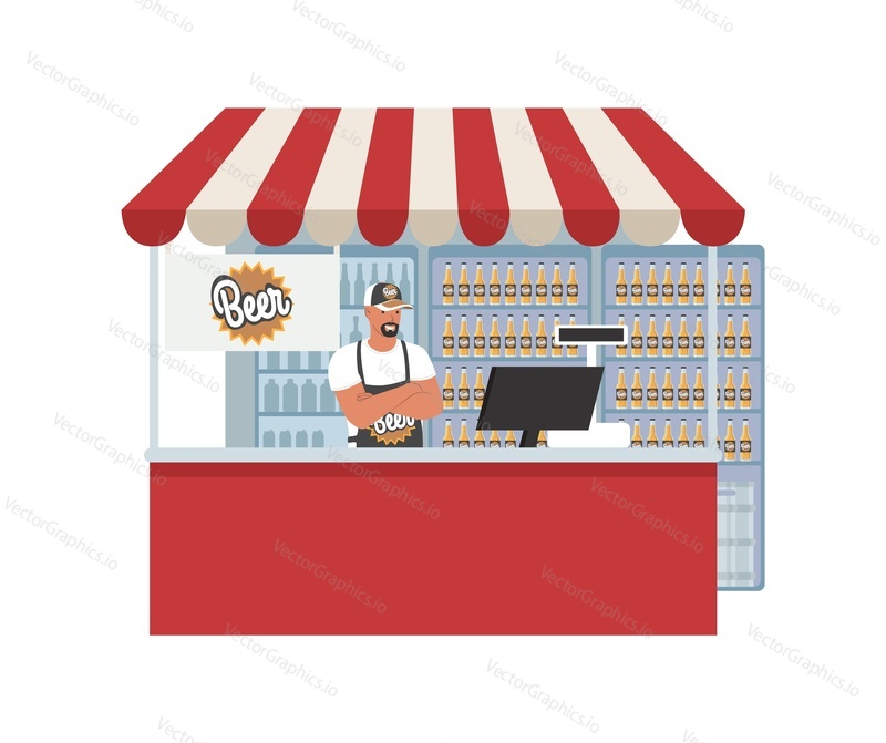 Beer shop, brewery, flat vector illustration. Craft beer bottles on shelves of display case. Salesman standing at counter. Supermarket, grocery store beer section. Retail shop small business.