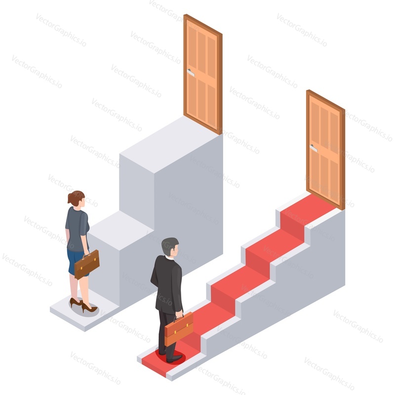 Business people, man and woman climbing different size staircases to the door, flat vector isometric illustration. Sexism, gender discrimination, injustice, inequality and unfair career promotion.