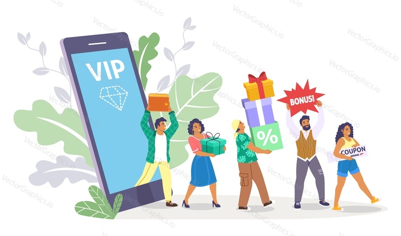 Happy shopper coming out of mobile phone with gifts, discount coupon, bonuses, flat vector illustration. Online shopping rewards. Customer attraction loyalty programs.
