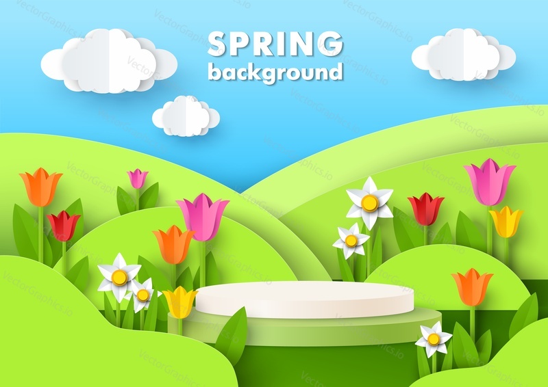 Display podium mockup, paper cut green meadows, spring flowers, vector illustration. Spring background, pedestal, stage for beauty and cosmetic product ads.