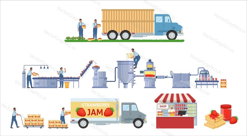 Strawberry jam production infographic, flat vector illustration. Fruit harvesting, transport. Jam processing equipment, production and packaging line. Distribution, sale, consumption. Food industry.