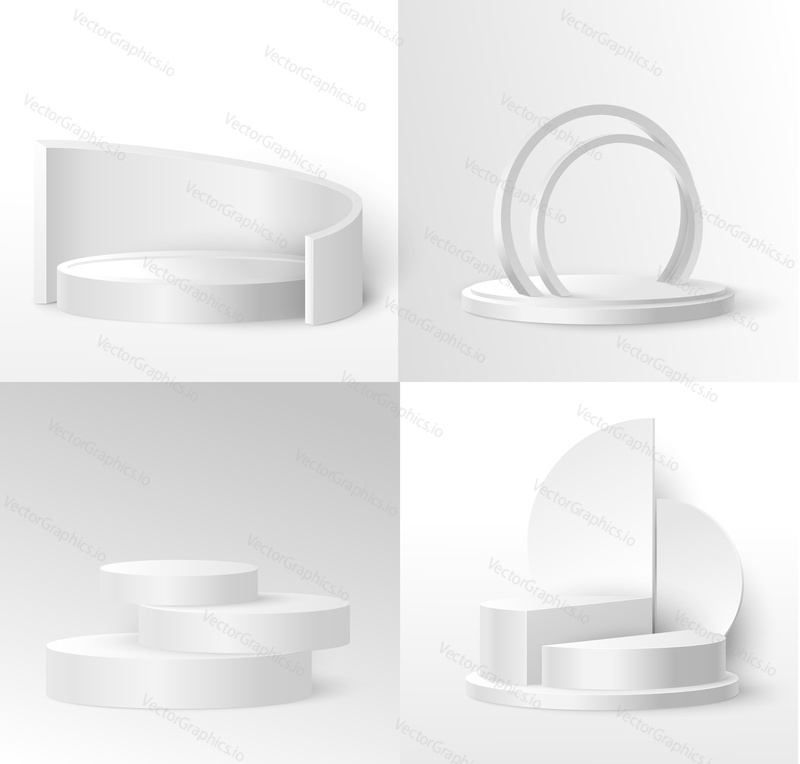 Product display podium mockup set, vector isolated illustration. Realistic white empty stage, platform in various geometric shapes.