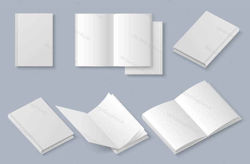 Realistic book mockup set, vector isolated illustration. White blank booklet, brochure, magazine cover. Hardcover, softcover or paperback book templates.