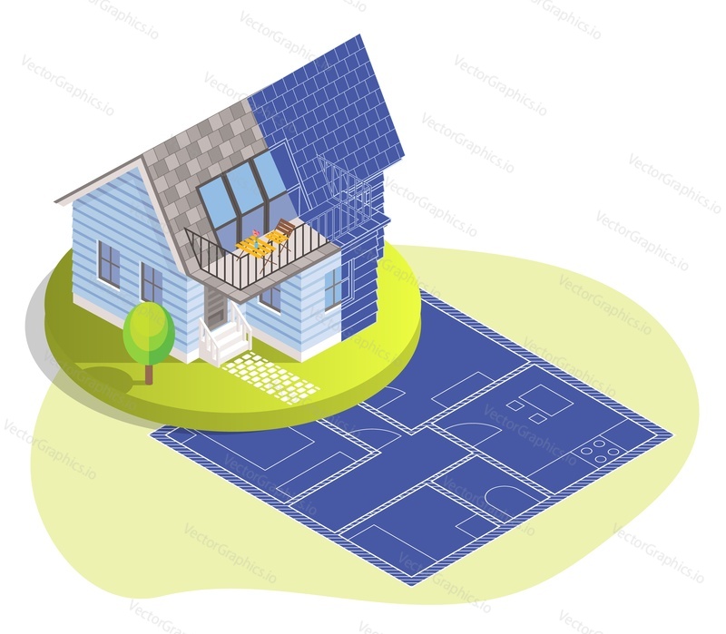 House building on blueprint, flat vector isometric illustration. House plan drawing, architectural project, construction plan.