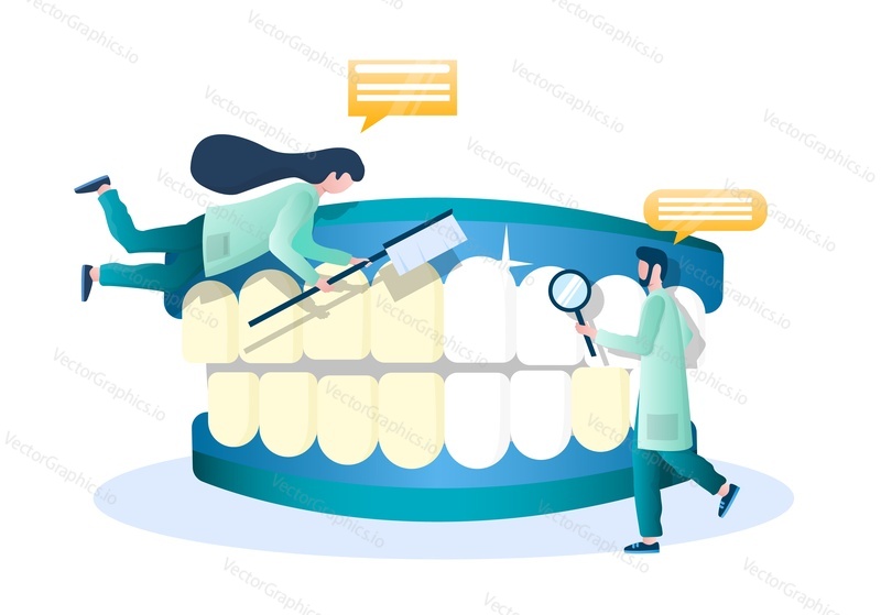 Doctor dentist characters whitening human teeth, flat vector illustration. Dentistry, oral health and hygiene, professional teeth bleaching procedure.