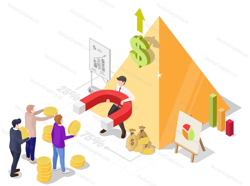 Financial pyramid scheme, flat vector isometric illustration. Ponzi scheme, financial fraud, MLM, network marketing.