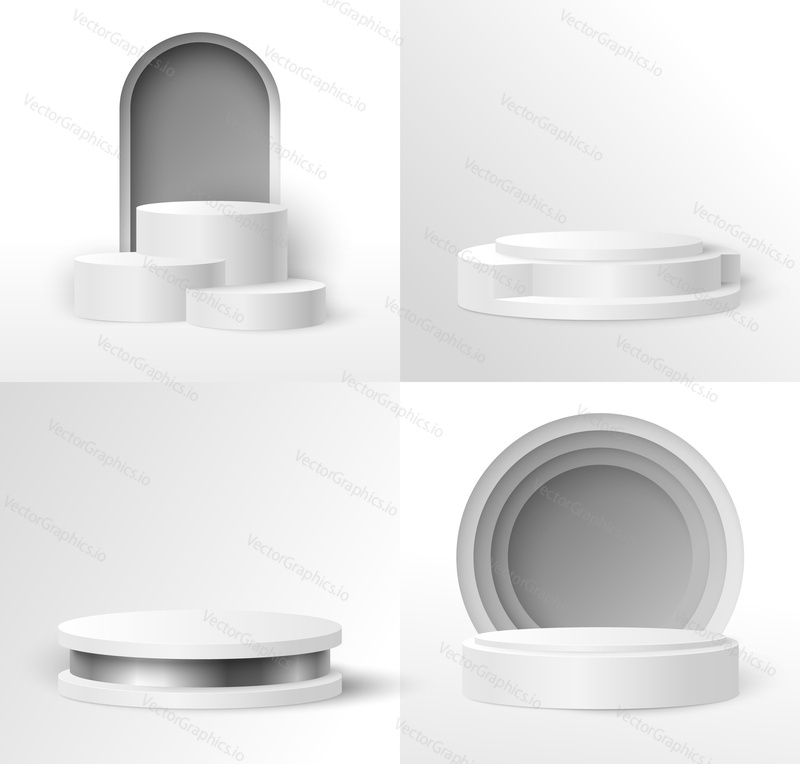 Product display podium mockup set, vector isolated illustration. Realistic white empty stage, platform in shape of circle for exhibition, presentation, advertising.