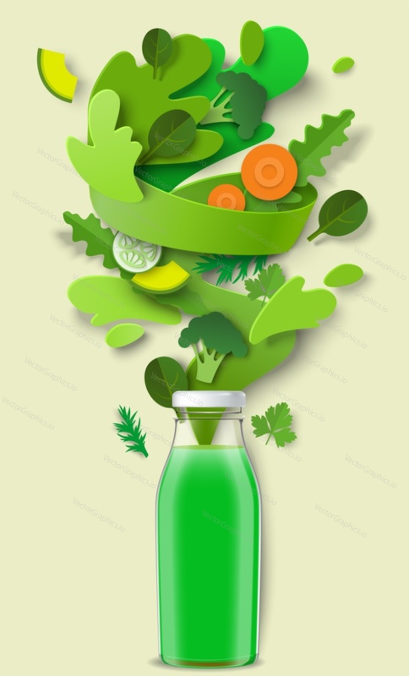 Vegetable green juice packaging glass bottle, paper cut fresh broccoli, carrot, cucumber, greens, vector illustration. Natural vegetable vitamin drink. Healthy organic beverage. Detox diet.