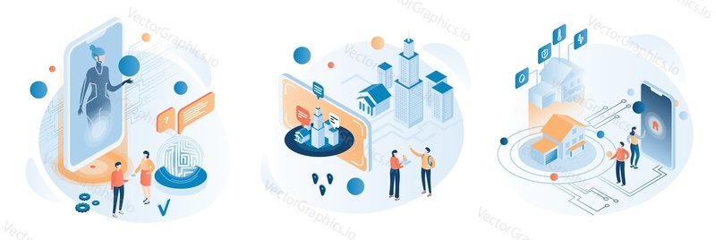 Virtual technologies, flat vector isometric illustration. Virtual assistant, smartphone navigation app, internet of things, smart home.