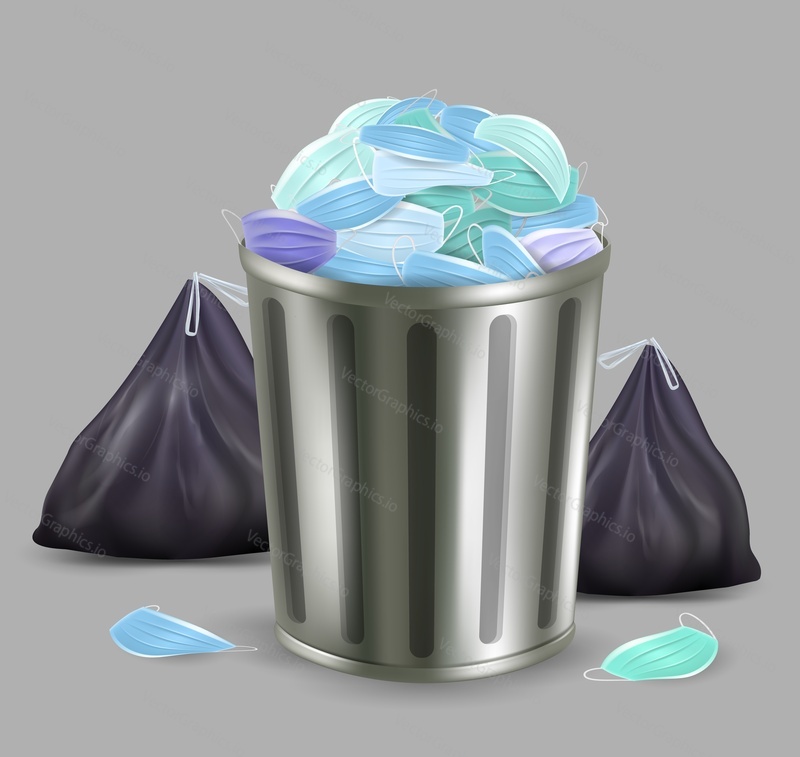 Used disposable medical face masks in plastic trash bags, rubbish bin and thrown on the ground, vector illustration. Environment mask pollution, ecology problem due to coronavirus pandemic.