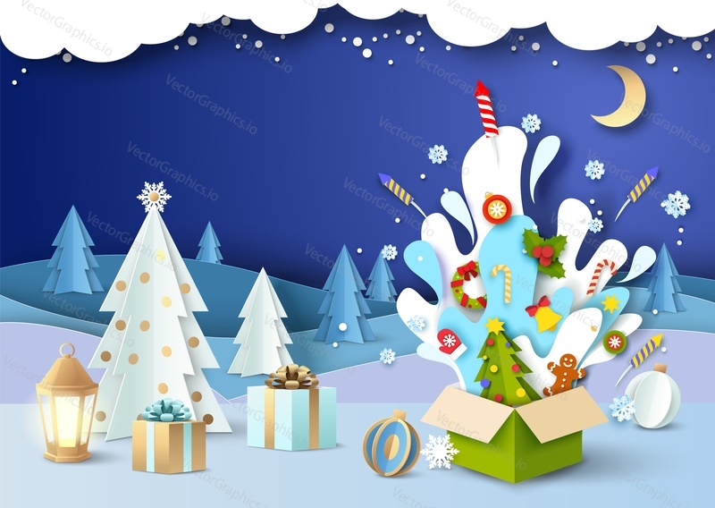 Christmas gifts, vector illustration in paper art style. Open magic box with xmas decoration explosion, winter night forest landscape with snowy trees and gift boxes.