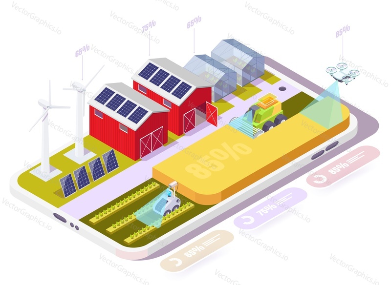 Smart farm in smartphone, flat vector isometric illustration. Wireless remote control. Internet of things technologies in agriculture. Smart farming industry.