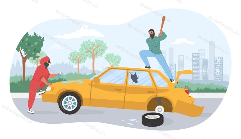 Street hooligans in face mask and hoodie damaging car, flat vector illustration. Street vandals breaking car with bat and painting it with paint spray. Vandalism, aggression.
