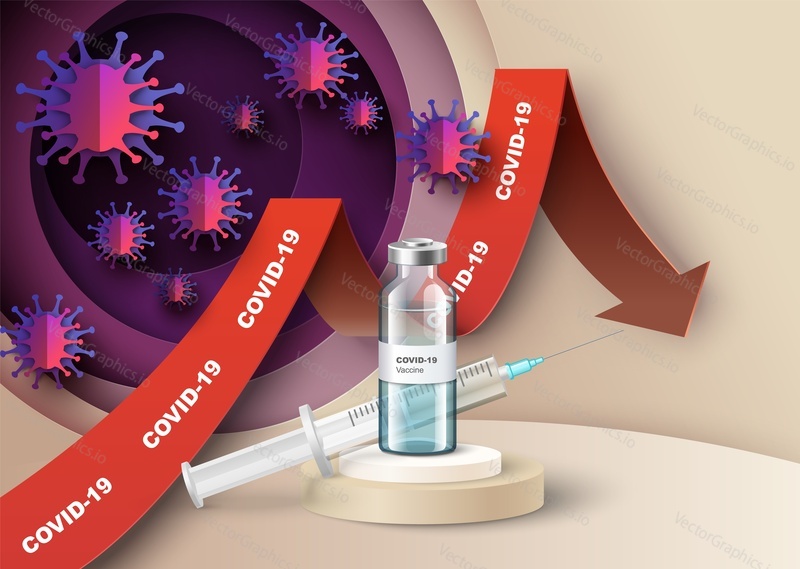 Covid-19 vaccine vial with injection syringe on display podium, paper cut corona viruses, vector illustration. Coronavirus vaccination campaign, protection against covid disease.