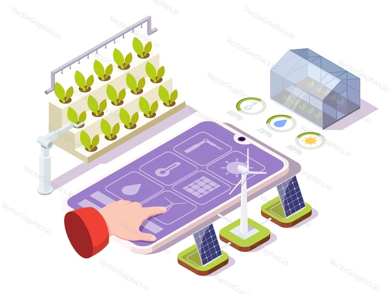 Smart farming industry concept flat vector isometric illustration. Remote control organic greenhouse. Internet of things, artificial intelligence technologies in agriculture.