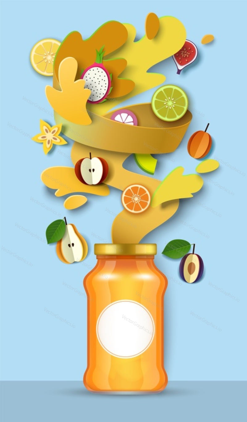 Fruit jam packaging glass jar, paper cut craft style fresh plum, apricot, apple, pear, citrus fruits, liquid splashes and drops, vector illustration. Healthy fruit preserves.