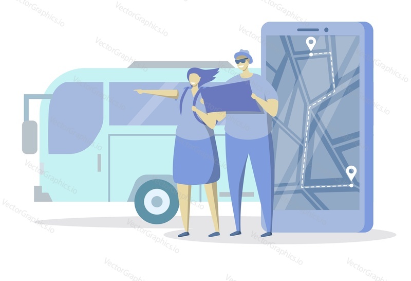 Tourist couple using smartphone with public transport mobile app, flat vector illustration. City map, bus route, navigation. City bus services.