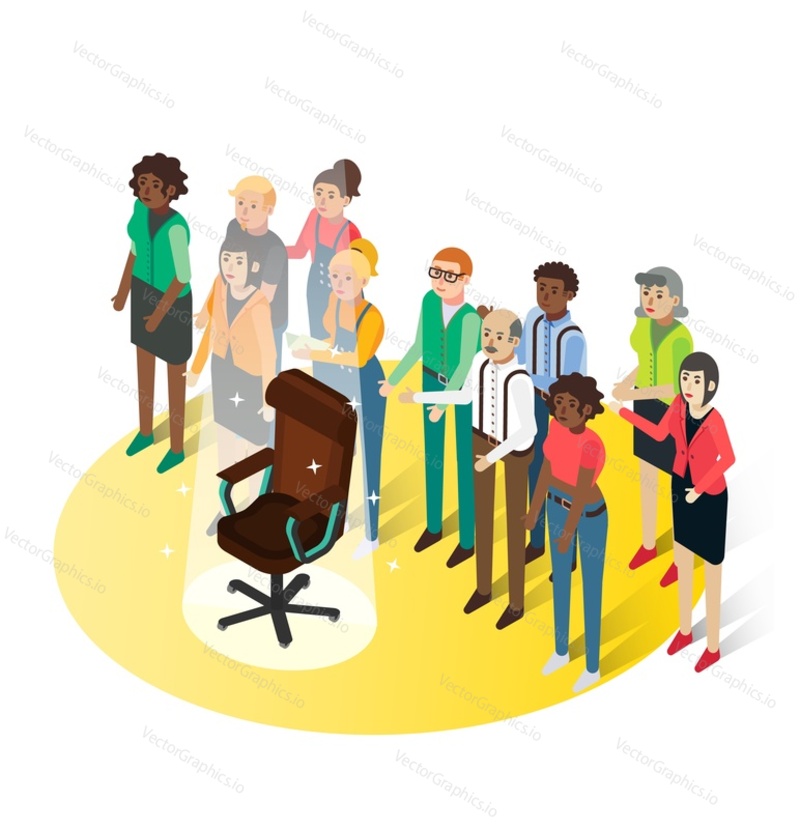 Group of people and empty boss office chair, flat vector isometric illustration. Human resources management, hiring, recruiting.
