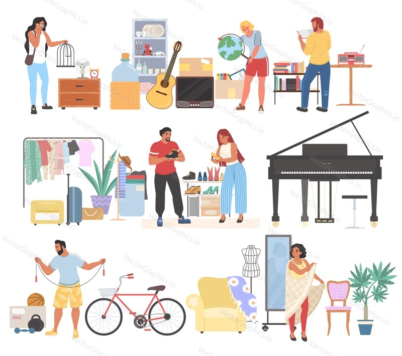 Garage sales set, flat vector isolated illustration. People buying used home furniture, household appliances, clothes, music instruments, books, dishes, sport items. Yard sale, flea market.