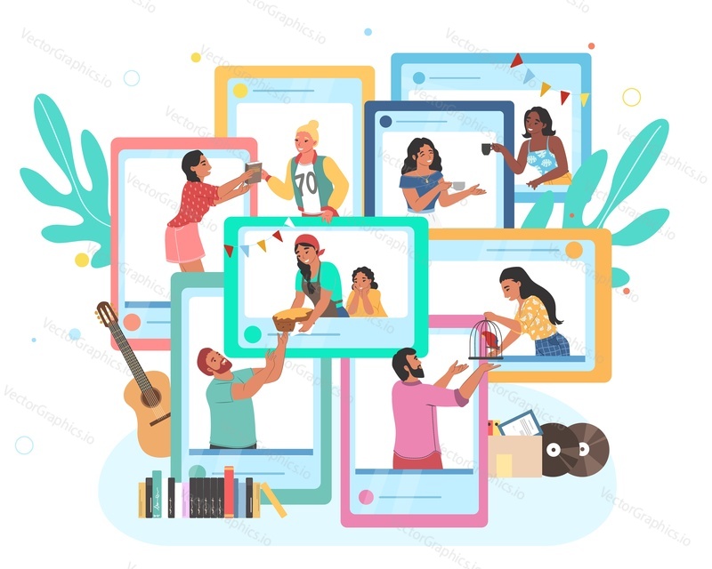Communication with neighbors online, flat vector illustration. Neighborhood app for connecting with neighbors.