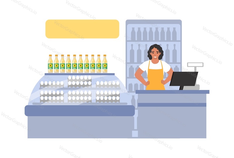 Oil farming store, flat vector illustration. Saleswoman standing at display counter with sunflower oil bottles. Supermarket, grocery store, farm food market, retail shop.