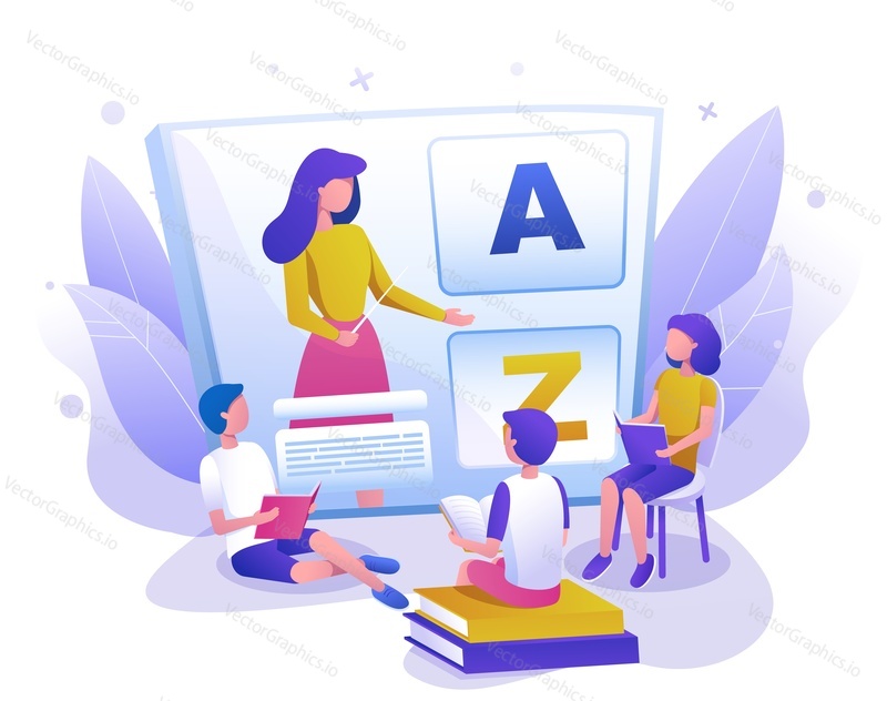 Kids studying languages with online teacher, flat vector illustration. English language class, course. Online education, tutoring, home schooling, distance learning.