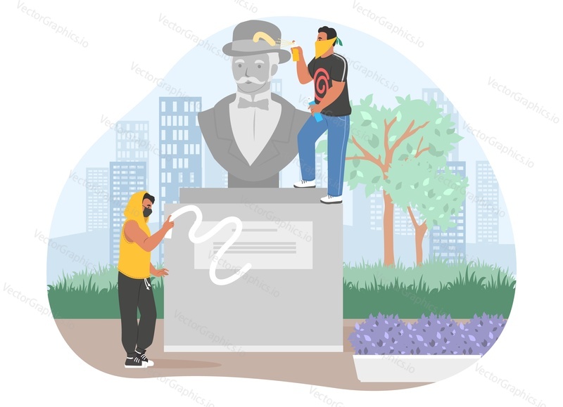 Street hooligans, graffiti painters in hoodie, face mask damaging monument in city public park, flat vector illustration. Street vandals, gangsters painting bust sculpture with paint spray. Vandalism.