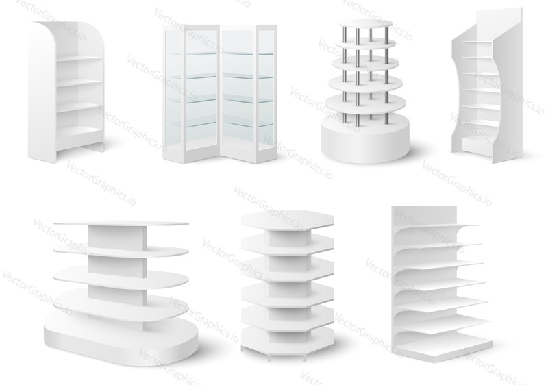 White empty showcase display with shelves mockup set, vector isolated illustration. Realistic retail display stand, rack, glass case, store shelves.