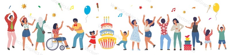 Dancing people, flat vector isolated illustration. Adults, kids, friends, family characters celebrating birthday party, dancing and having fun.