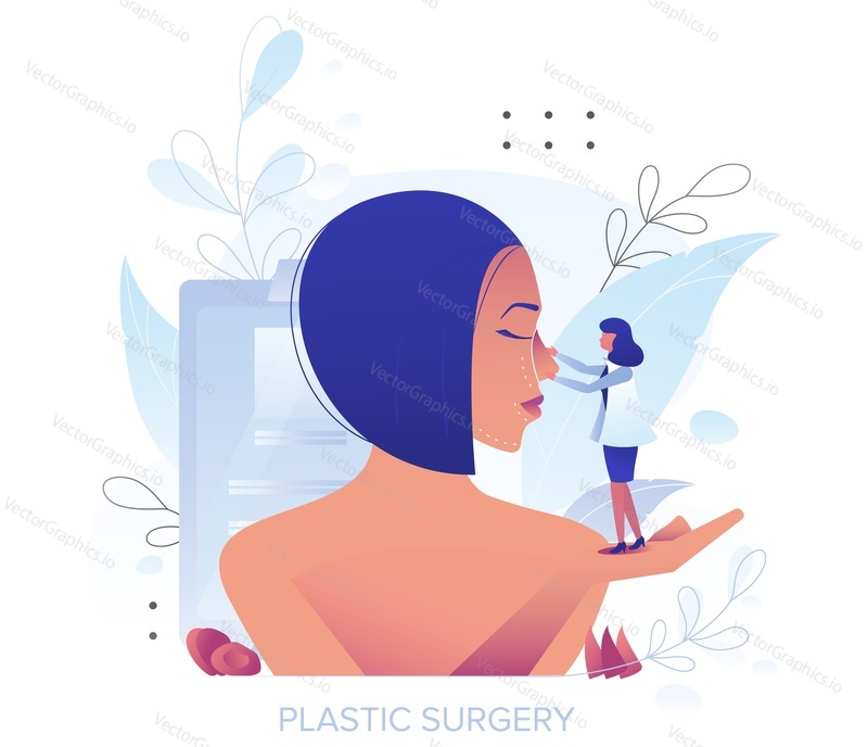 Rhinoplasty, plastic surgery. Doctor improving female face appearance changing nose shape, flat vector illustration. Nose contouring and reshaping cosmetic procedure.