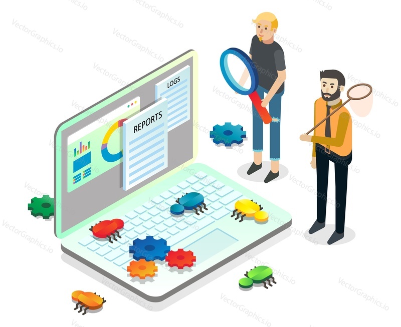 People catching bugs on laptop computer screen, flat vector isometric illustration. Software testing, quality assurance, debugging.