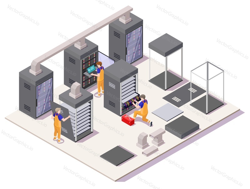Инженеры, устанавливающие серверы в центре обработки данных, плоская векторная изометрическая иллюстрация. Настройка сетевого сервера, установка и конфигурирование аппаратного и программного обеспечения.