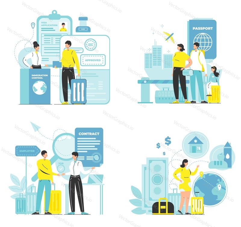 Immigration scene set, flat vector isometric illustration. Visa center, people traveling abroad for permanent residence. Immigration control.
