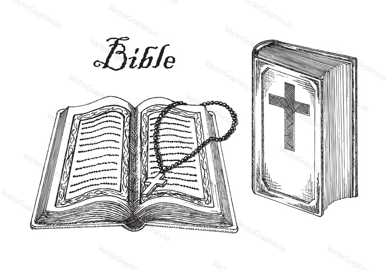Bible, Christianity religion Holy Book. Ancient Christian sacred texts, holy scriptures, vector vintage sketch style illustration isolated on white background.