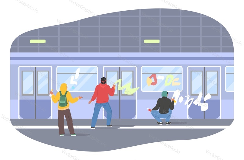 Уличные хулиганы, художники-граффити в толстовках, наносящие ущерб общественному транспорту, плоская векторная иллюстрация. Уличные вандалы разрисовывают поезд метро баллончиком с краской. Вандализм.