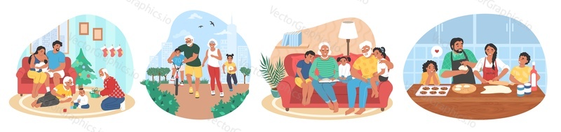 Family scene set, flat vector isolated illustration. Grandparents, parents, kids spending time together walking in the park, cooking, reading, celebrating Christmas. Family relationship.